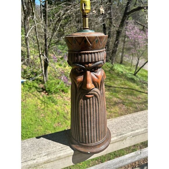 Vintage MCM 70s Ceramic Large Lamp Carved Look 3 Faces Beards Unique 19” Signed - Picture 4 of 16